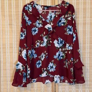 Signature Studio Womens L Top Floral Burgundy Ruffles Cottagecore Fairycore Boho